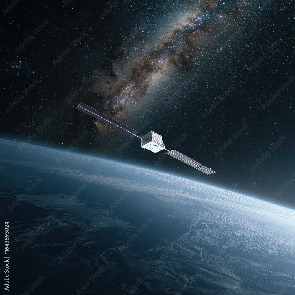 Obraz premium Satellite orbiting Earth, Milky Way visible