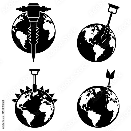 Four globes each with a different tool impacting it jackhammer shovel pickaxe and arrow in black and white