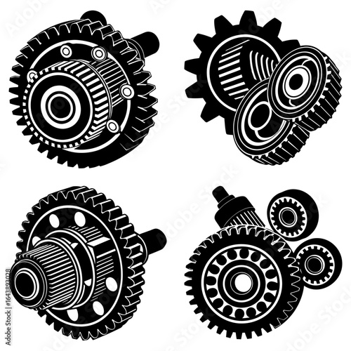 Illustration of four mechanical gear arrangements in black and white with detailed internal components shown