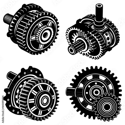Illustration of four different gear mechanisms with intricate designs and detailed internal components