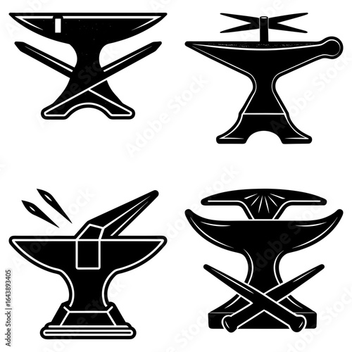 Collection of four different anvil designs in black and white showcasing blacksmithing tools and equipment