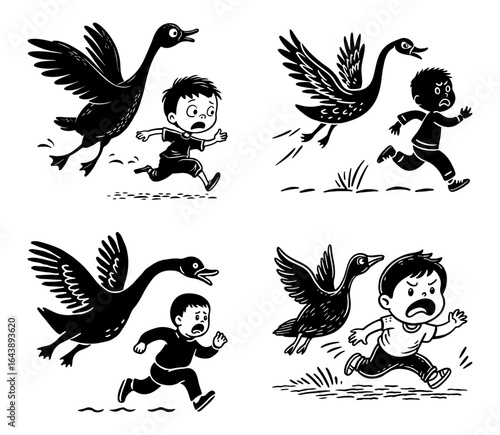 Goose Chasing Children Vector Illustration