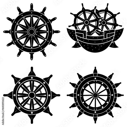 Collection of black and white ship steering wheels and a boat with two wheels on a white background