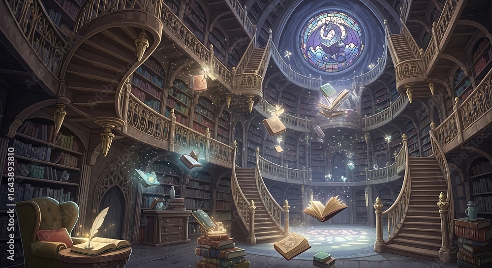 Fototapeta premium A magical library interior with spiral staircases, soaring bookshelves, and floating books under a celestial dome.