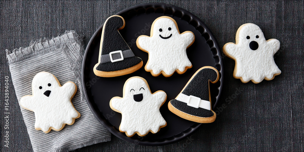 Fototapeta premium Halloween ghost cookies and witch hat cookies decorated with white and black icing on black plate and gray fabric, festive spooky treats with joyful expressions