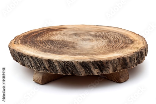 Rustic natural wood slice display stand with textured bark, perfect for rustic decor and product presentation.