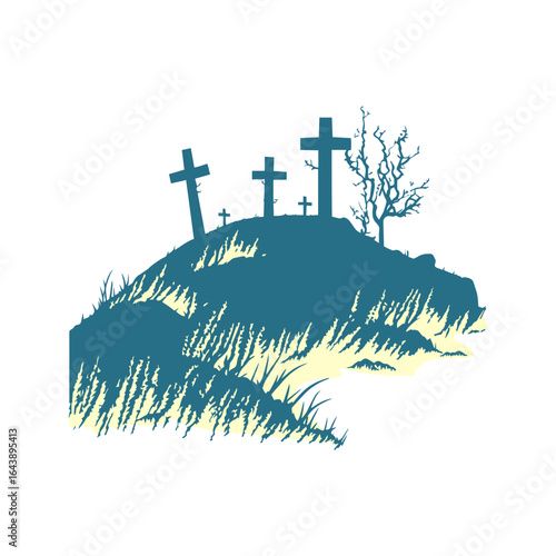 Graveyard hill design with crosses and dead tree silhouette, a spooky landscape appropriate for Halloween or Gothic themed projects.
