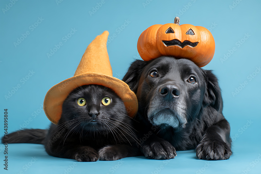 Fototapeta premium Black cat and dog in Halloween hats posing against a blue background for festive fun