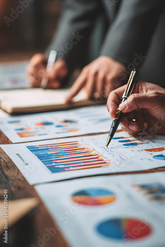 Business Analysis: People Reviewing Charts and Graphs with Pen on Wooden Table