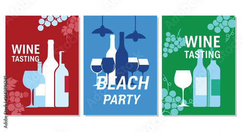 Wine tasting events and beach party posters graphic design set
