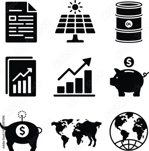 Financial Icons Document Solar Panel Oil Barrel Piggy Bank and World Map vector illustration