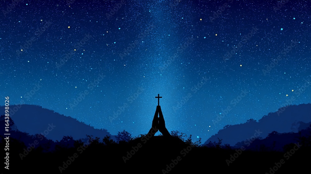 Fototapeta premium Cross silhouette illuminated by starlight in night sky landscape