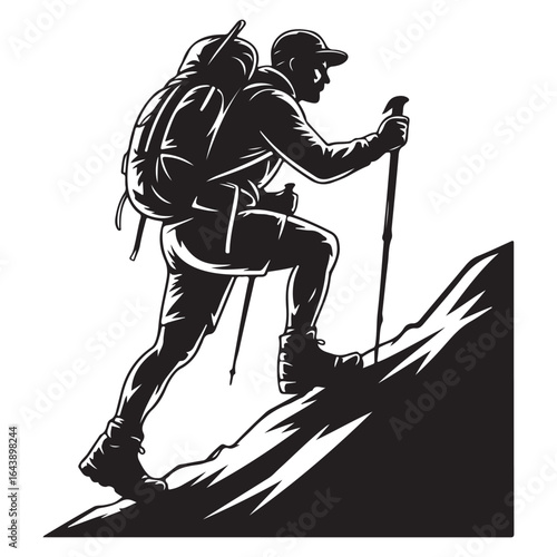 Silhouette of a hiker with trekking poles ascending a rocky mountain path