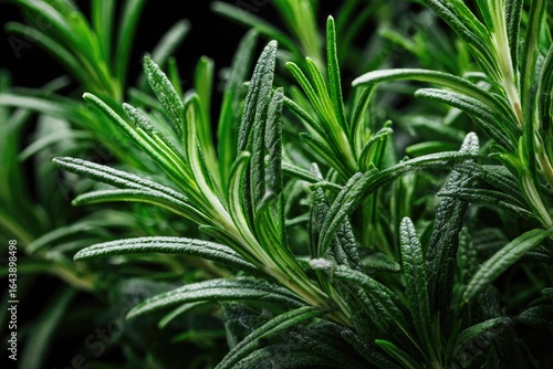 Lush, vibrant green rosemary sprigs, glistening with moisture, sharply focused against a deep black backdrop
