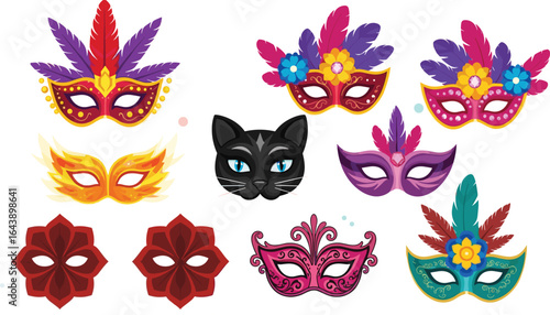 Carnival mask set, colorful masquerade clipart, festive costume icons, ornate feather masks, party accessories vector, decorative celebration mask illustrations