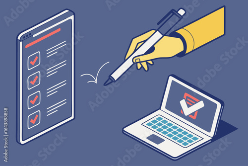 Digital survey and data entry from a tablet to a laptop, Cross-platform workflow concept, Isometric vector illustration - Generative AI