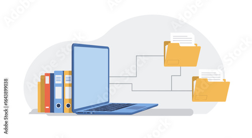 Digital file management concept with laptop and networked folders