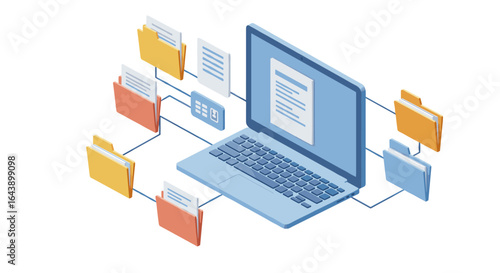 Isometric laptop with connected files and folders for digital organization