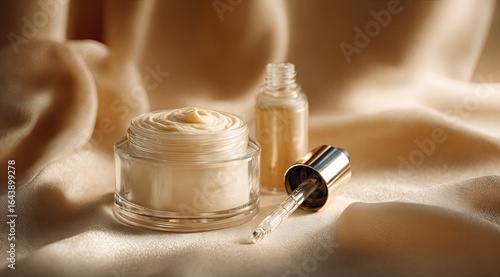 Luxurious beige skincare set a rich cream in a glass jar and a golden serum in a dropper bottle, displayed on soft fabric