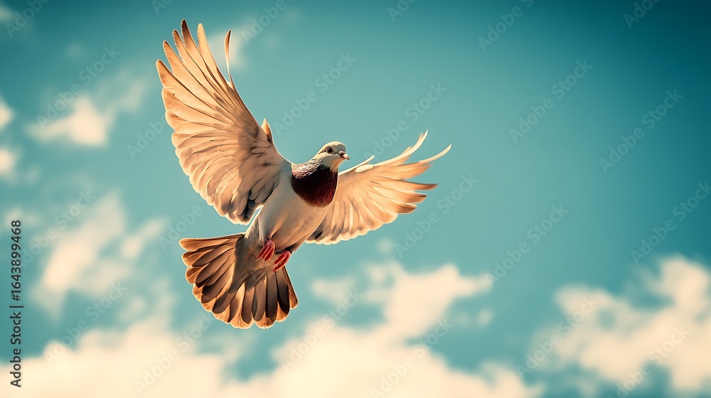 Naklejka premium A dove with wings spread wide soars against a bright blue sky with scattered white clouds overhead today