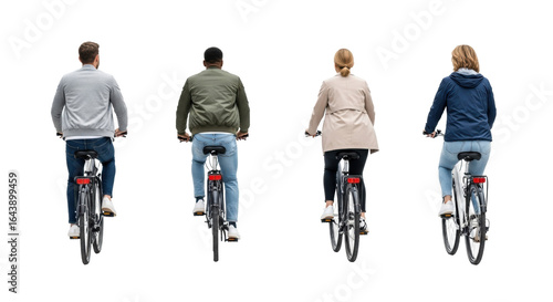 Four diverse men and women, mid-age, wearing jeans and jackets, riding sleek comfort bicycles forward on a bright white studio background with no shadows, healthy lifestyle concept.