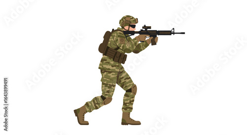 Military soldier in camo uniform with rifle on white background