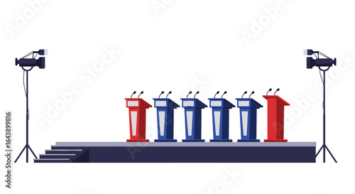 Political debate stage with podiums and microphones under spotlight