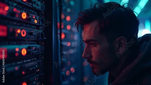 Dedicated it professional observing server racks illuminated by striking neon lights