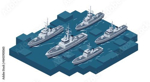 Isometric warships fleet in formation on abstract ocean blocks