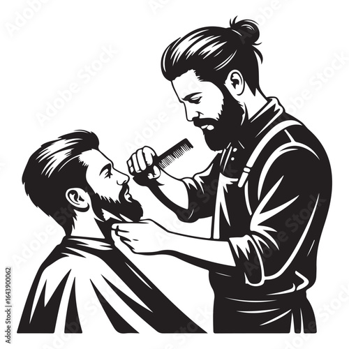 Skilled barber with beard comb trimming customer s facial hair in a classic style