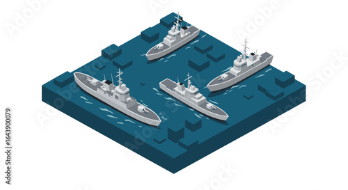 Isometric naval ships at sea on blue grid background