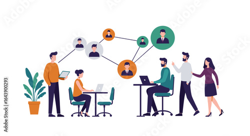 Flat style business networking with diverse professionals connected