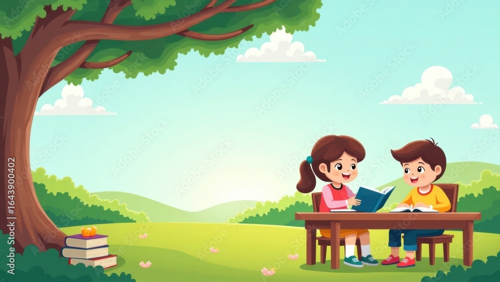 Obraz premium Children Studying Together Under a Tree on a Sunny Day