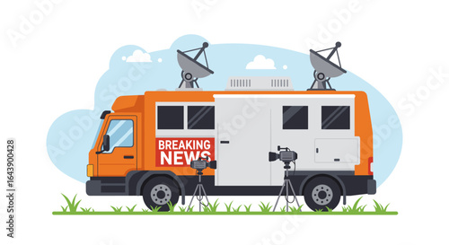 Mobile news broadcast truck with satellite dishes and cameras in flat design