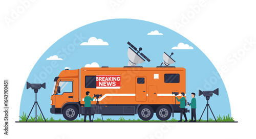 Breaking news broadcast truck with journalists and cameras in action