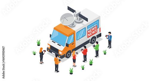 Isometric news van surrounded by reporters with cameras in dynamic scene