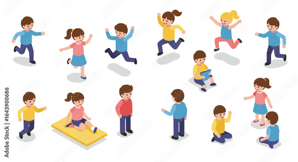 Isometric kids playing and jumping in various poses on white background Isometric kids playing and jumping in various poses on white background