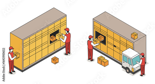 Isometric package delivery at smart lockers with couriers and mini truck interaction