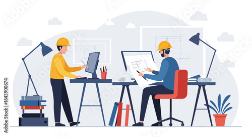 Architects collaborating on blueprints in modern office environment