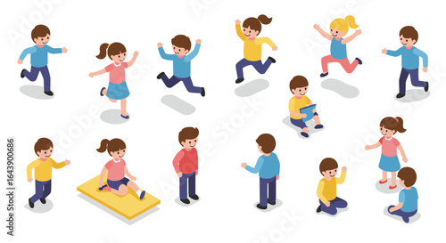 Isometric kids playing and jumping in various poses on white background