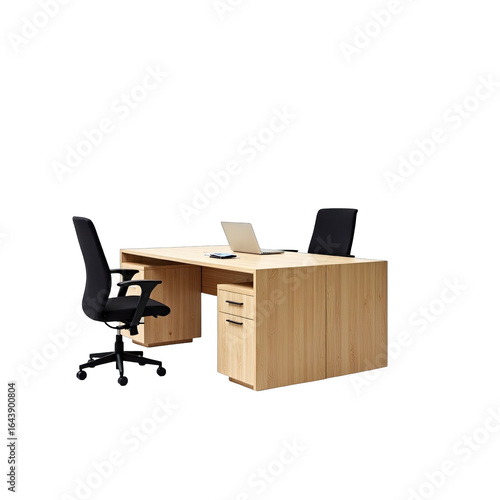 Light brown wooden office desk with two black chairs.
