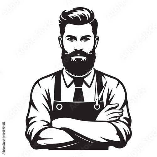 Stylized illustration of a bearded man wearing an apron and tie