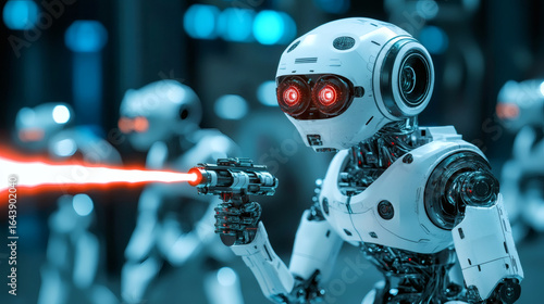 White robot with a laser gun firing a red beam in a futuristic setting.