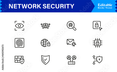 Network Security Professional Line Icon Set – Modern Minimal Cybersecurity, Data Protection, Privacy, Firewall, Malware, Safety, Encryption, Technology, and Secure System