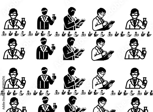 Bold Black & White Scientist & Lab Assistant Icons – Minimalist Vector Bundle