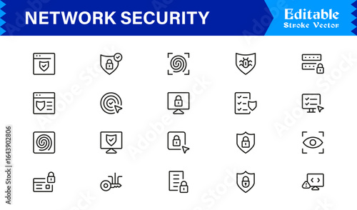 Network Security Professional Line Icon Set – Modern Minimal Cybersecurity, Data Protection, Privacy, Firewall, Malware, Safety, Encryption, Technology, and Secure System