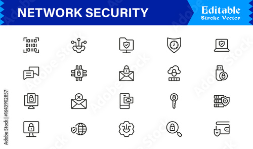 Network Security Professional Line Icon Set – Modern Minimal Cybersecurity, Data Protection, Privacy, Firewall, Malware, Safety, Encryption, Technology, and Secure System