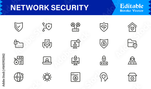 Network Security Professional Line Icon Set – Modern Minimal Cybersecurity, Data Protection, Privacy, Firewall, Malware, Safety, Encryption, Technology, and Secure System