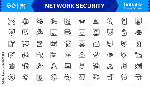 Network Security Professional Line Icon Set – Modern Minimal Cybersecurity, Data Protection, Privacy, Firewall, Malware, Safety, Encryption, Technology, and Secure System