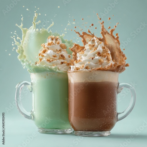 Two mugs of creamy hot beverages with whipped cream and nuts, showcasing dynamic splashes of liquid against a muted green background